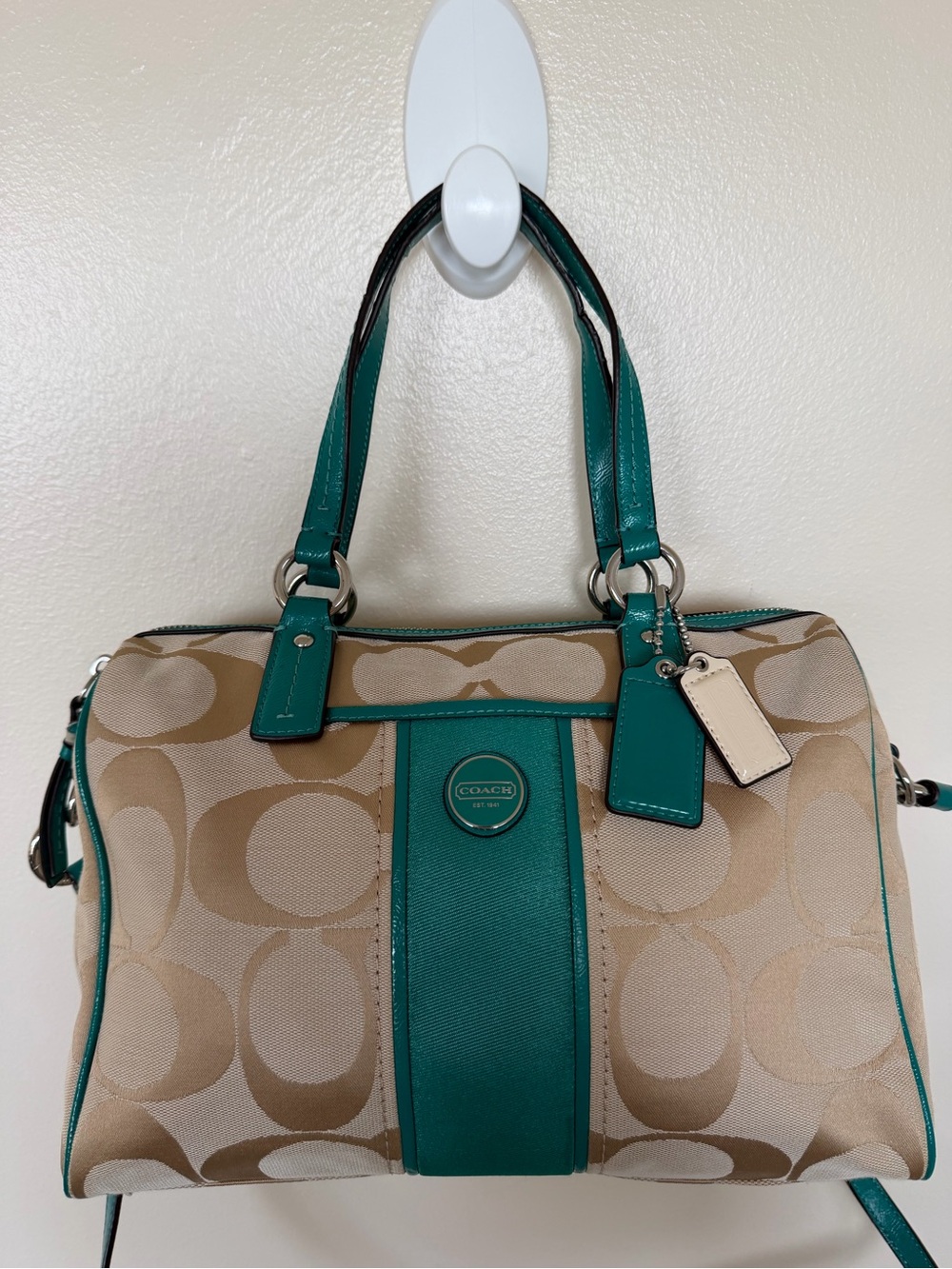 COACH Satchel Womens Medium Khaki Teal Signature Stripe C1380-F24364 Handbag